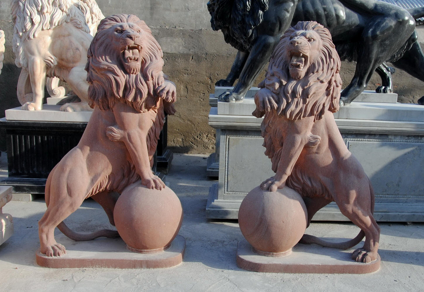 MLava stone Statue lions w ball standin lion set w marble ball 